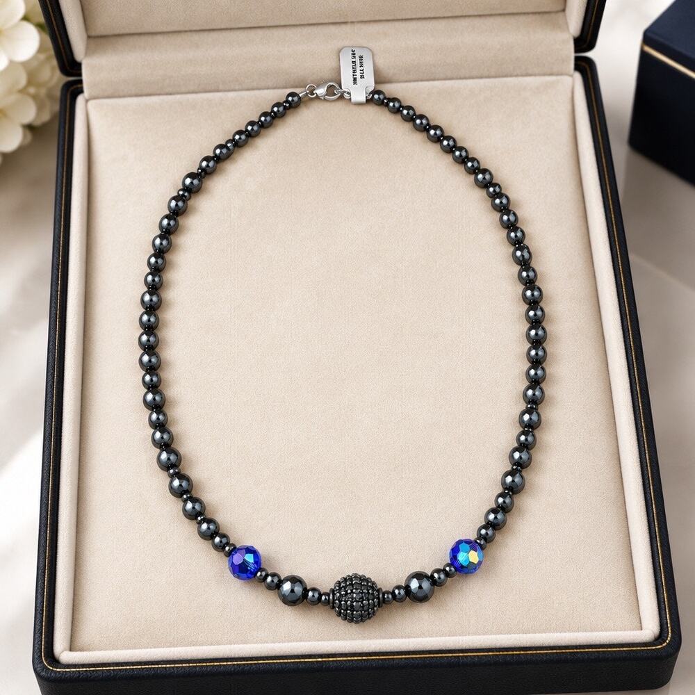 Vintage Genuine Hematite Beaded  Necklace Heavy 925 Sterling Silver Clasp
